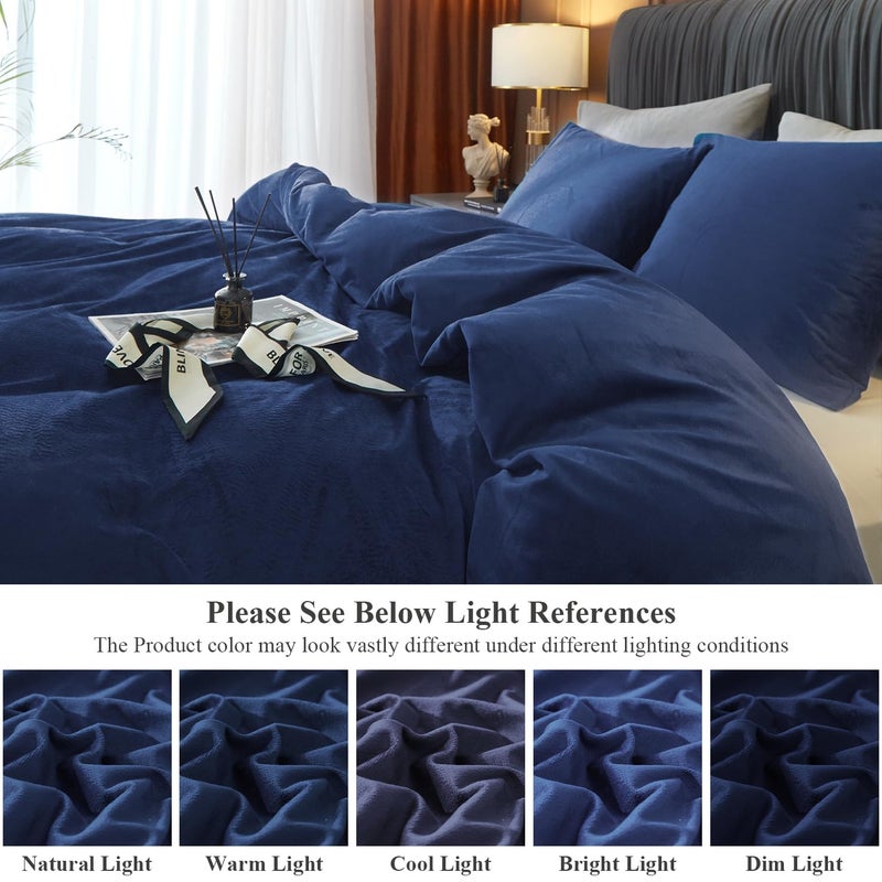 Ivellow Velvet Duvet Cover Queen Size 3 Pcs Flannel Navy Blue Duvet Cover Queen Velvet Comforter Cover Bedding Set Ultra Soft Cozy Solid Luxury Velour Duvet Cover Set Zipper Closure Corner Ties - Image 4